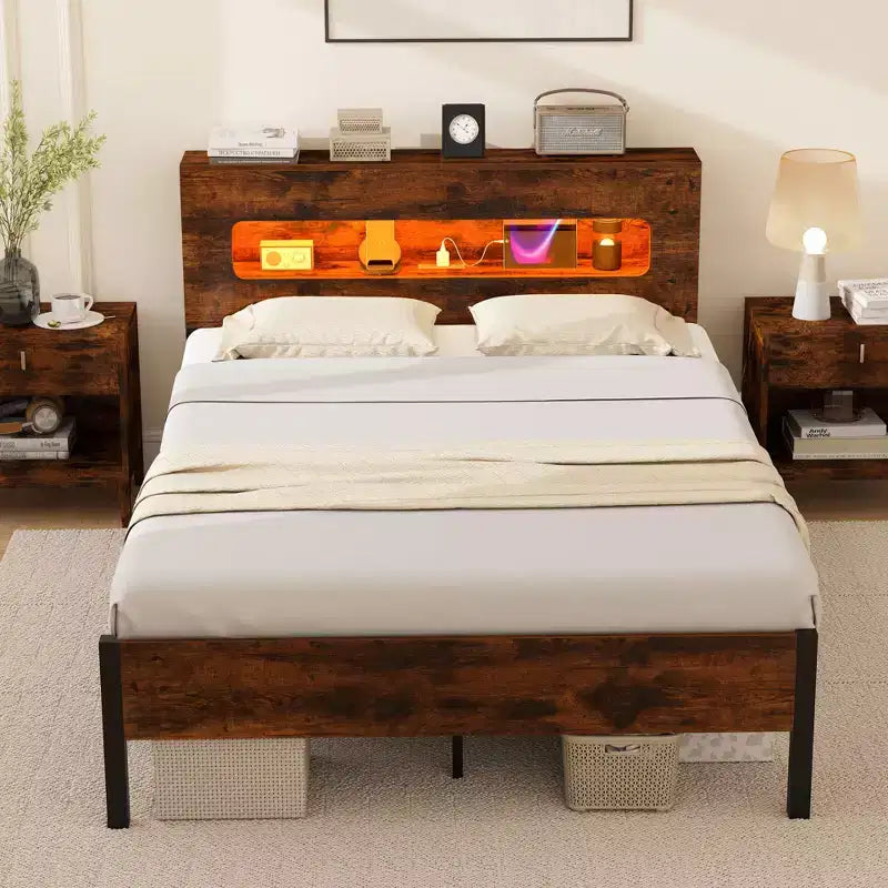 Costway Struttura Letto Matrimoniale con Luci LED, Testiera Contenitore, Prese di Corrente e Robusto Supporto in Metallo