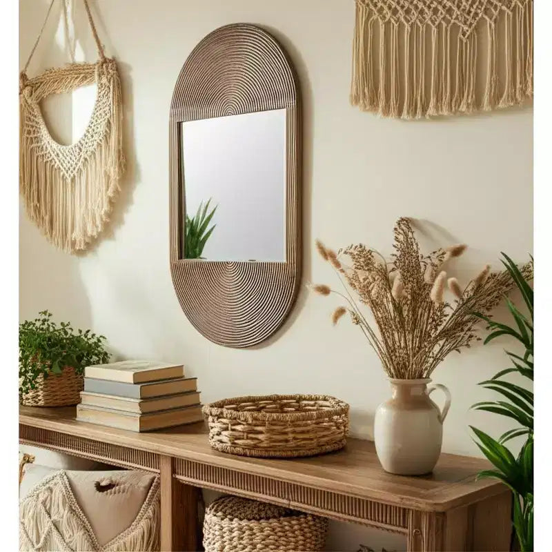 Specchio da parete in legno boho - Cornice marrone lavorata a mano - Accento decorativo rustico per la casa, l'ufficio, la camera da letto e il soggiorno - 1 marrone
