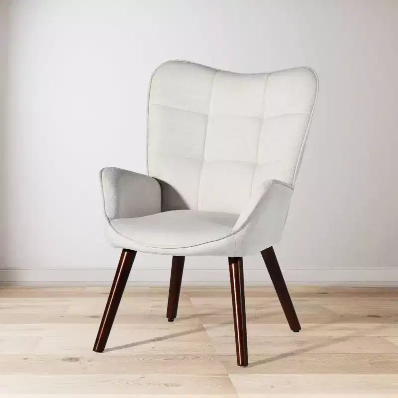 Poltrona a orecchioni imbottita FurnitureR per camera da letto/salotto, poltrone relax ergonomiche con schienale alto, sedia da soggiorno rivestita in tessuto beige/noce
