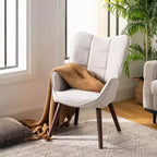 Poltrona a orecchioni imbottita FurnitureR per camera da letto/salotto, poltrone relax ergonomiche con schienale alto, sedia da soggiorno rivestita in tessuto beige/noce