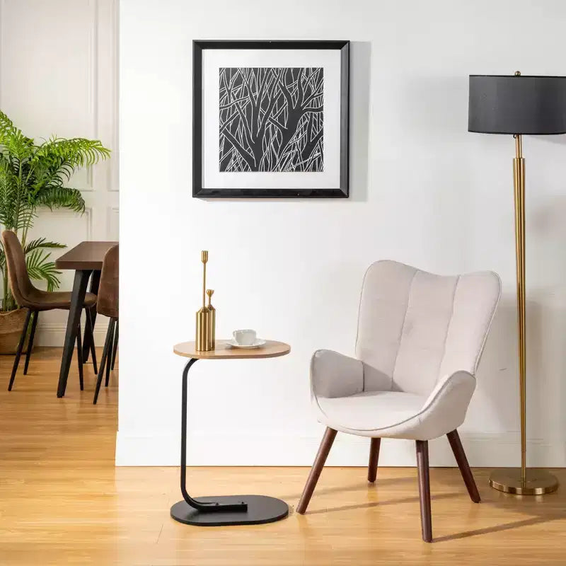 Poltrona a orecchioni imbottita FurnitureR per camera da letto/salotto, poltrone relax ergonomiche con schienale alto, sedia da soggiorno rivestita in tessuto beige/noce