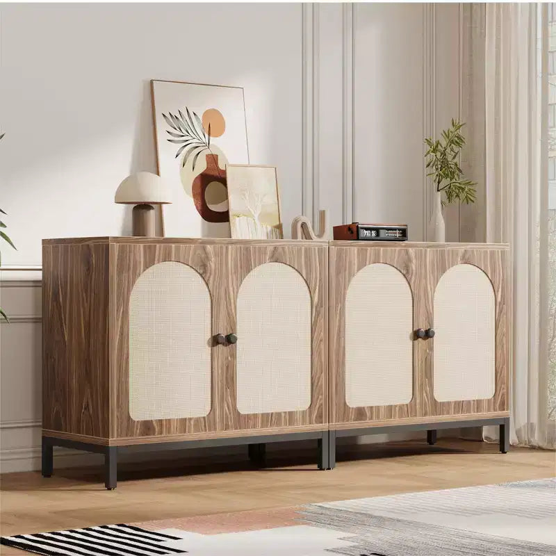 Credenza buffet in rattan, mobile da cucina con ante in rattan e ripiani regolabili, credenza da soggiorno o sala da pranzo in stile bohémien per liquori o caffè