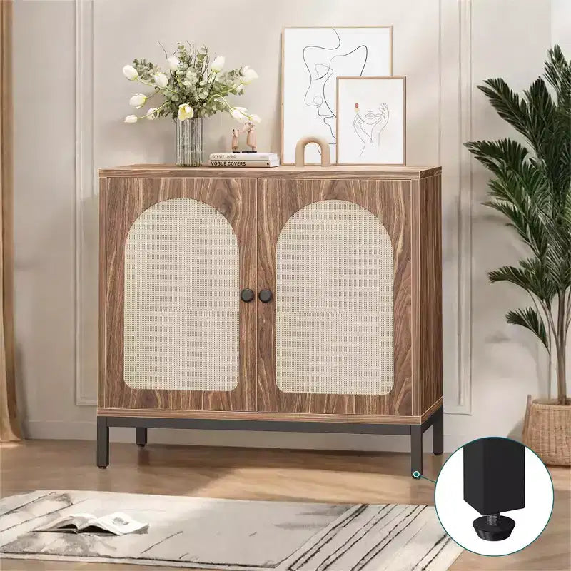 Credenza buffet in rattan, mobile da cucina con ante in rattan e ripiani regolabili, credenza da soggiorno o sala da pranzo in stile bohémien per liquori o caffè