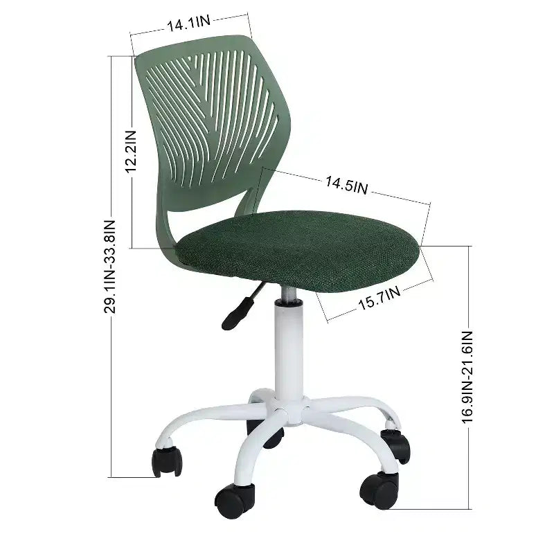 Sedia da Scrivania FurnitureR, Sedia da Ufficio Senza Braccioli con Cuscino Imbottito in Tessuto e Schienale Medio in Plastica, Sedia Girevole Regolabile per Computer con Ruote, Verde Scuro