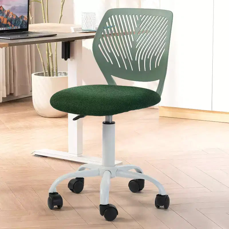 Sedia da Scrivania FurnitureR, Sedia da Ufficio Senza Braccioli con Cuscino Imbottito in Tessuto e Schienale Medio in Plastica, Sedia Girevole Regolabile per Computer con Ruote, Verde Scuro