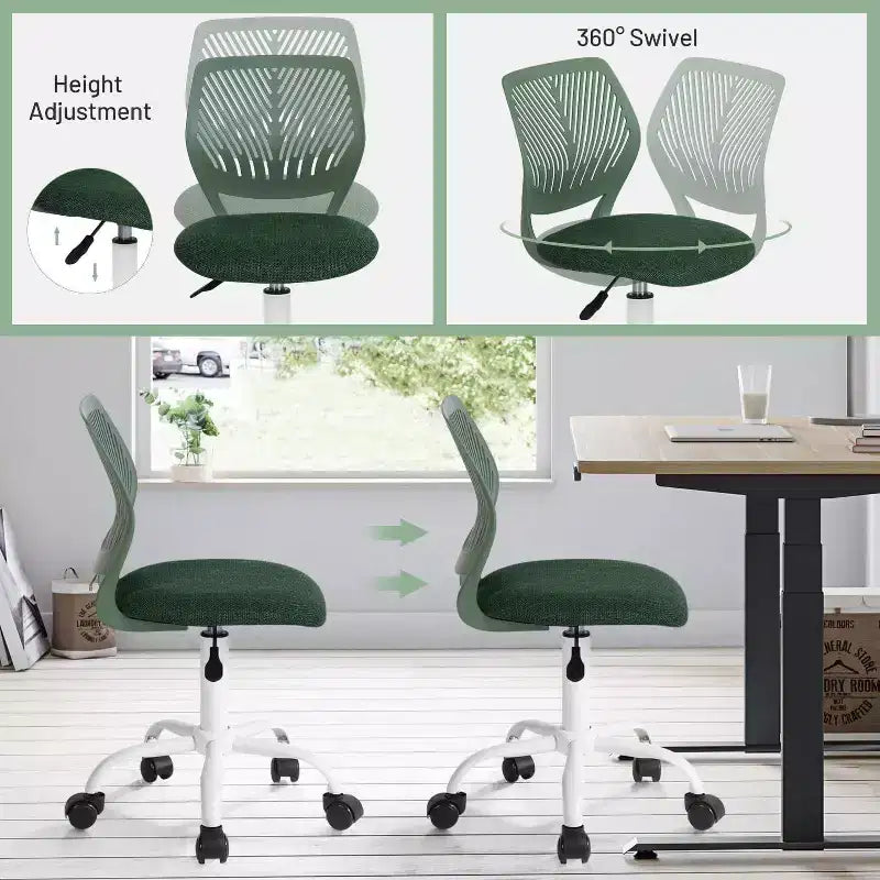 Sedia da Scrivania FurnitureR, Sedia da Ufficio Senza Braccioli con Cuscino Imbottito in Tessuto e Schienale Medio in Plastica, Sedia Girevole Regolabile per Computer con Ruote, Verde Scuro