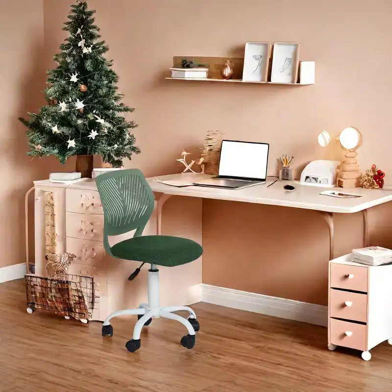 Sedia da Scrivania FurnitureR, Sedia da Ufficio Senza Braccioli con Cuscino Imbottito in Tessuto e Schienale Medio in Plastica, Sedia Girevole Regolabile per Computer con Ruote, Verde Scuro