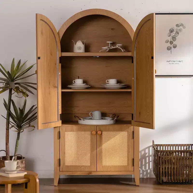 GDFStudio Akira, Mobile Dispensa Moderno ad Arco in Legno con Ante in Rattan