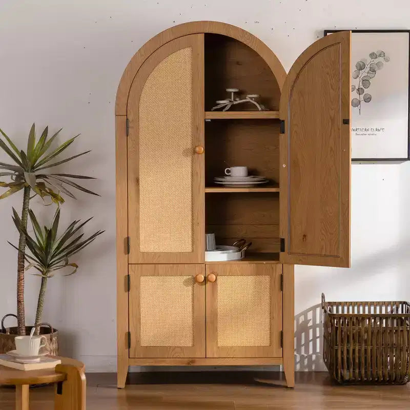 GDFStudio Akira, Mobile Dispensa Moderno ad Arco in Legno con Ante in Rattan