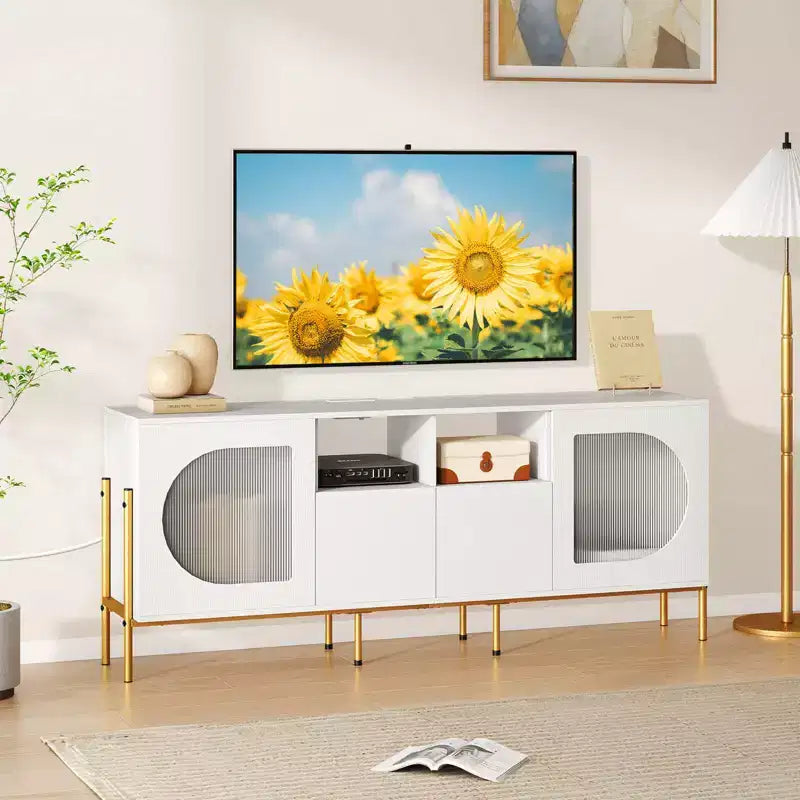 Mobile TV Costway con Stazione di Ricarica per TV da 70", Ante Scanalate e 2 Cassetti Contenitore, Bianco