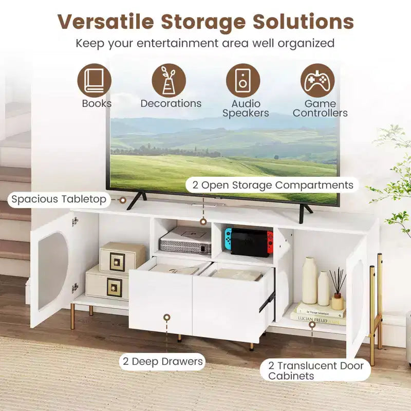 Mobile TV Costway con Stazione di Ricarica per TV da 70", Ante Scanalate e 2 Cassetti Contenitore, Bianco