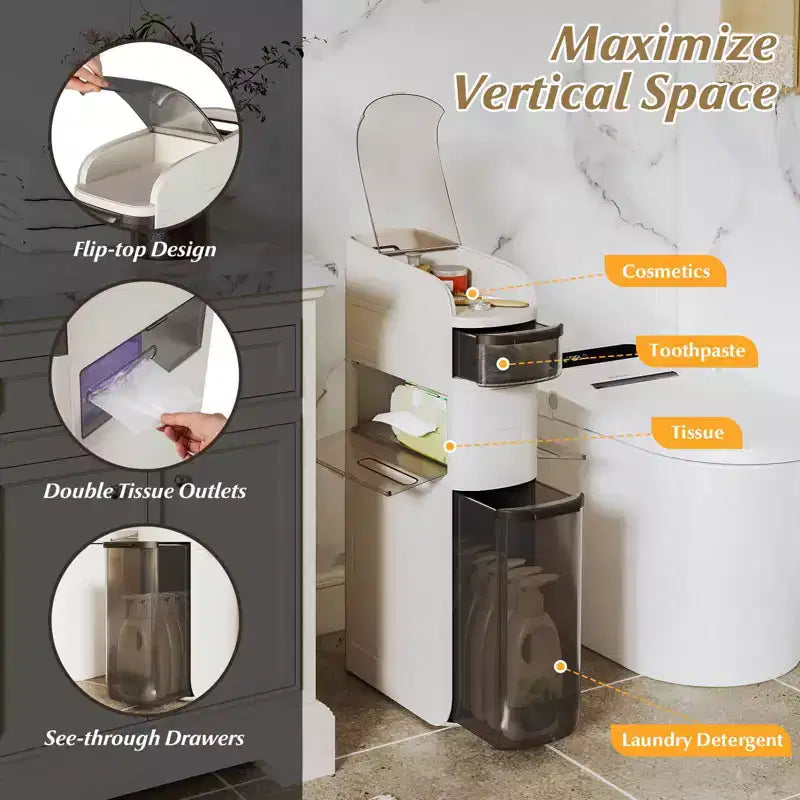Costway Mobile Contenitore Stretto da Bagno a 4 Ripiani con Cassetti, Portafazzoletti e Ruote per Cucina