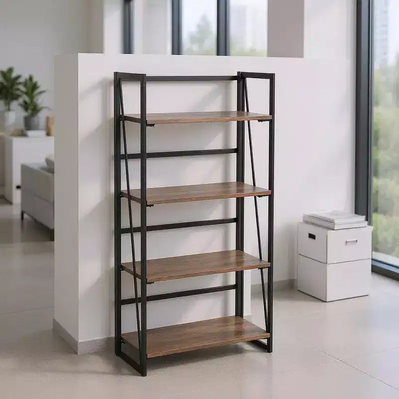 FurnitureR Folding 4-Tier Bookshelf Storage Rack, Metal Bookcase with Rustic Wood Shelves, Foldable Home Organizer for Living Room, Office, Brown