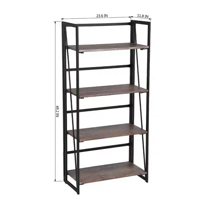 Libreria pieghevole a 4 ripiani FurnitureR, scaffale in metallo con ripiani in legno rustico, organizer pieghevole per casa, soggiorno, ufficio, marrone