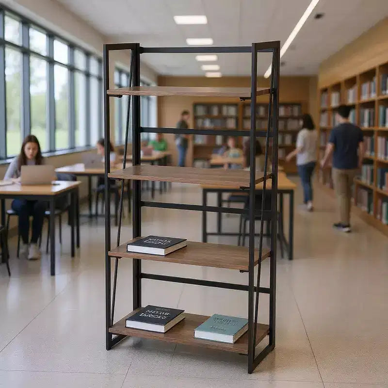 Libreria pieghevole a 4 ripiani FurnitureR, scaffale in metallo con ripiani in legno rustico, organizer pieghevole per casa, soggiorno, ufficio, marrone