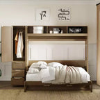 Full Size Wall Murphy Bed with Wardrobe and Storage Shelf Foldable Wall Platform Bed Frame for Bedroom Guest Room, Wood