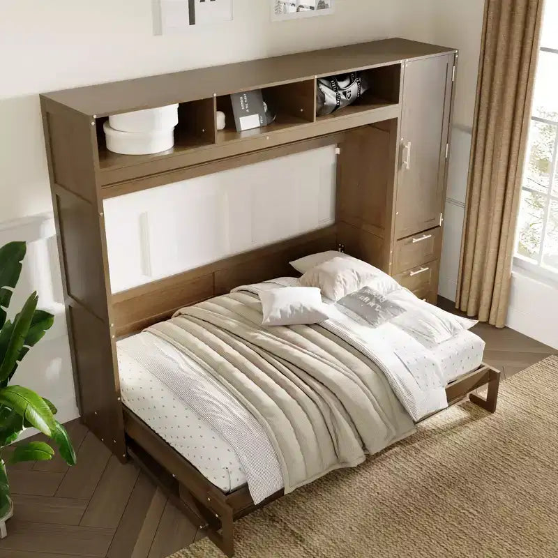 Letto a scomparsa matrimoniale con armadio e ripiani, letto a piattaforma pieghevole a parete per camera da letto e camera degli ospiti, legno