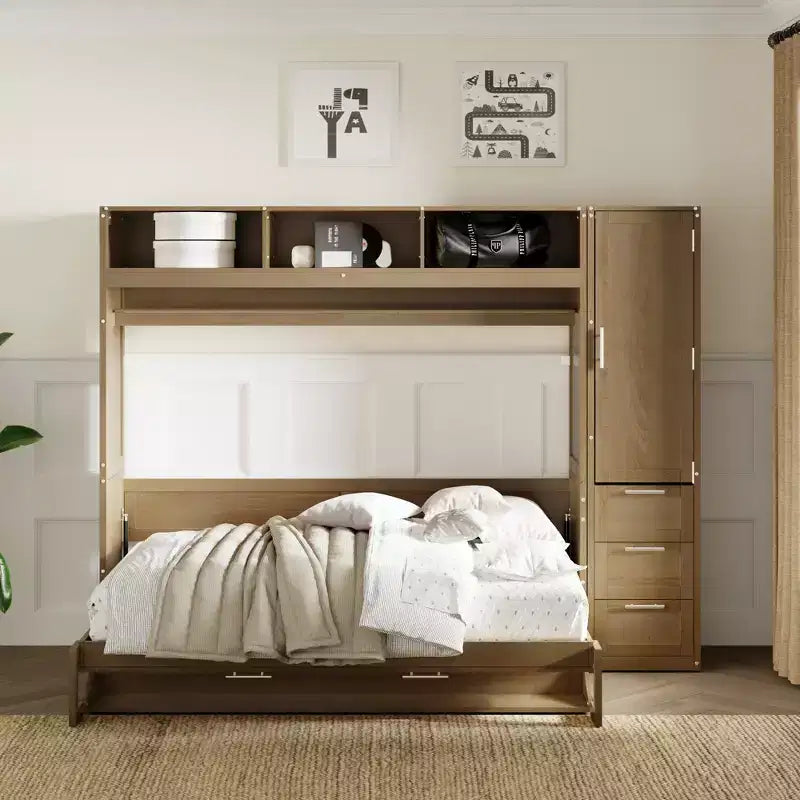 Letto a scomparsa matrimoniale con armadio e ripiani, letto a piattaforma pieghevole a parete per camera da letto e camera degli ospiti, legno