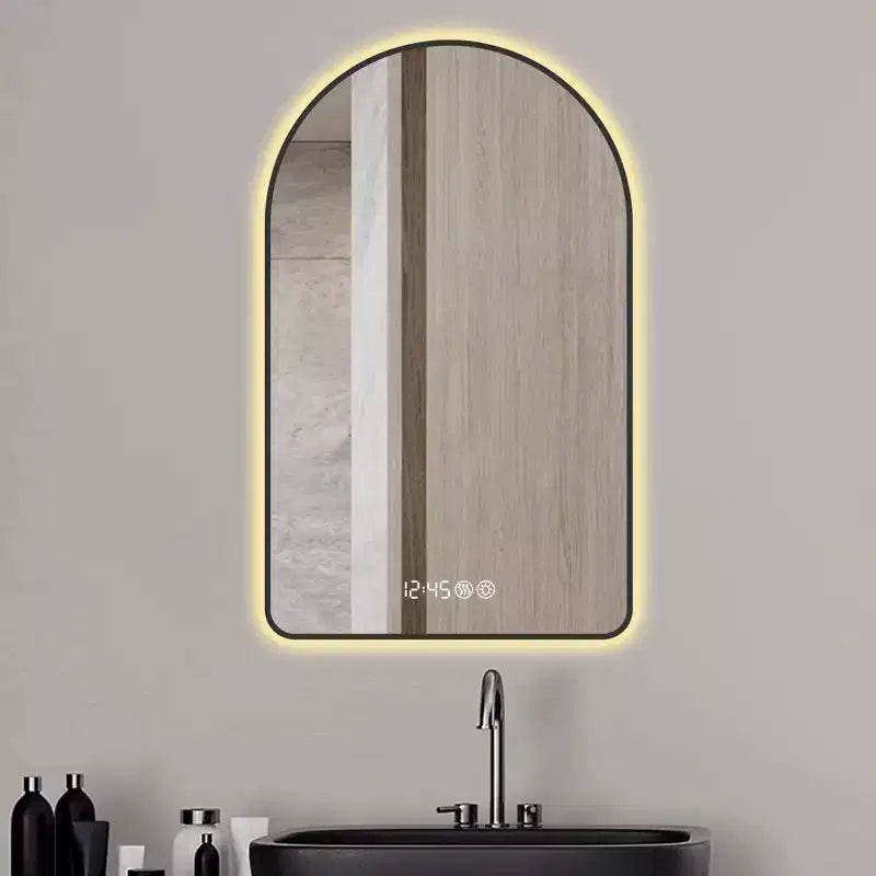 Specchio da Bagno Okak Arched Vanity con Display Ora e Temperatura, Specchio Antiappannamento per Bagno con Tre Temperature di Colore