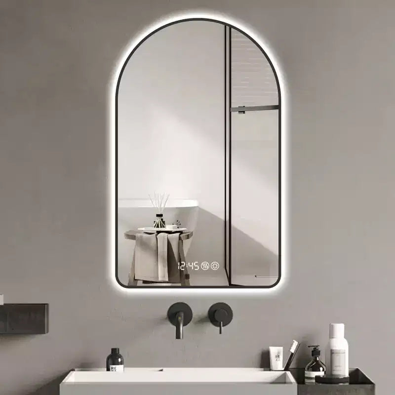 Specchio da Bagno Okak Arched Vanity con Display Ora e Temperatura, Specchio Antiappannamento per Bagno con Tre Temperature di Colore