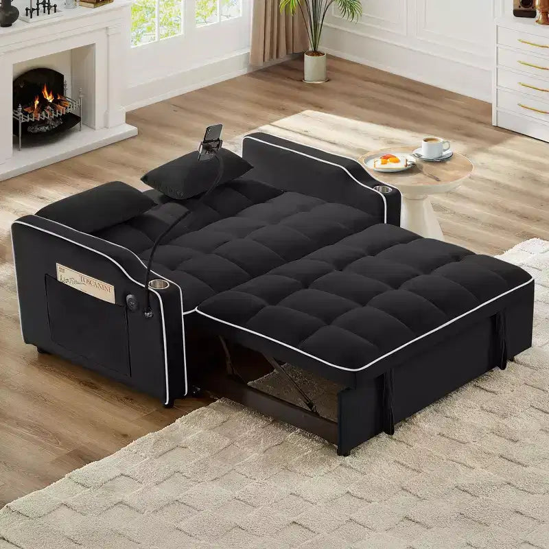 Divano letto estraibile moderno Okak con tasche laterali e supporto per telefono, comodo divanetto in velluto per soggiorno, appartamento
