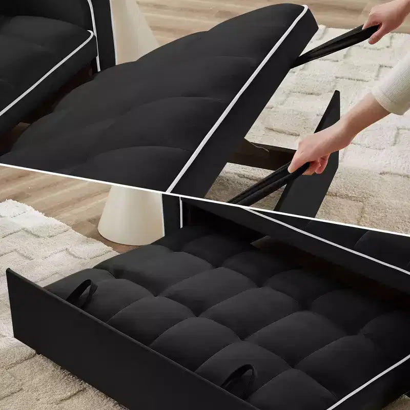 Divano letto estraibile moderno Okak con tasche laterali e supporto per telefono, comodo divanetto in velluto per soggiorno, appartamento