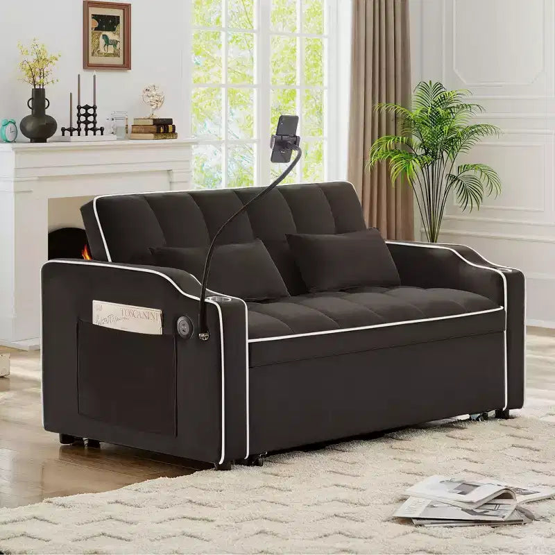 Divano letto estraibile moderno Okak con tasche laterali e supporto per telefono, comodo divanetto in velluto per soggiorno, appartamento