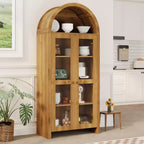 GustoWave Arched Display Cabinet with Adjustable Shelves, 70 Tall Wood Storage Cabinet with Clear Acrylic Doors in Oak Texture