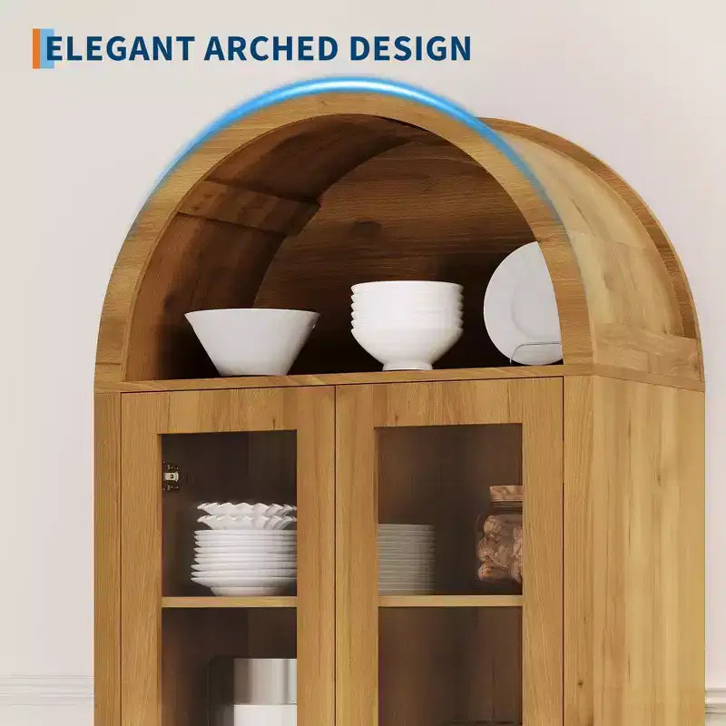 GustoWave Vetrinetta ad arco con ripiani regolabili, Mobiletto contenitore alto 70 cm in legno con ante in acrilico trasparente, texture rovere