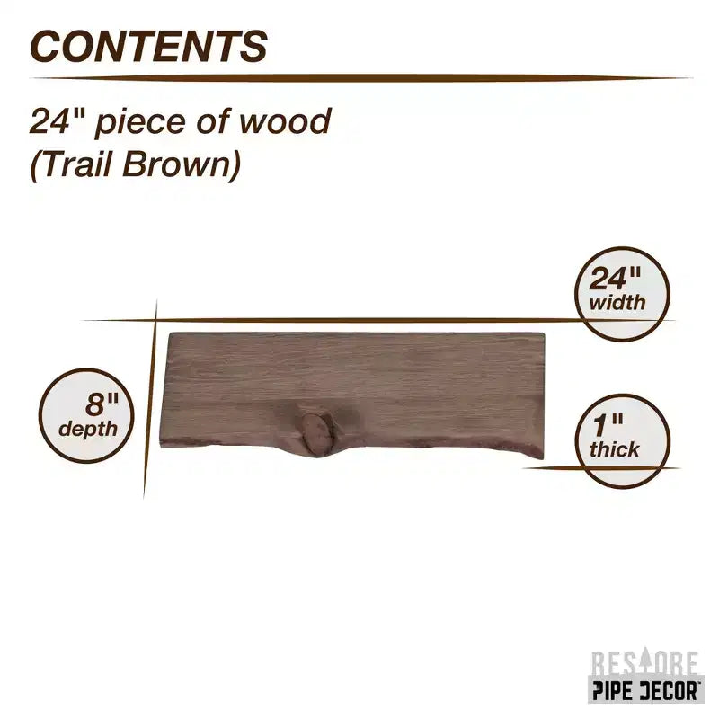 Mensola in legno con bordo vivo RESTORE Trail Brown 24 pollici (solo legno) di Pipe Decor