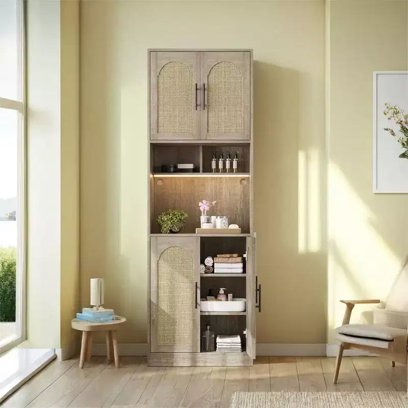 Armadietto multiuso da 180 cm con striscia luminosa a LED e ripiano per microonde, credenza da cucina con ripiani regolabili per sala da pranzo