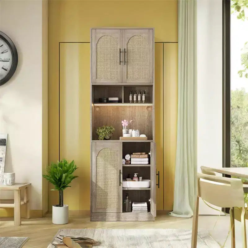 Armadietto multiuso da 180 cm con striscia luminosa a LED e ripiano per microonde, credenza da cucina con ripiani regolabili per sala da pranzo