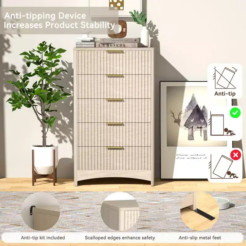 Comò alto in legno a 5 cassetti, cassetti scorrevoli fluidi, ampio spazio di archiviazione, mobile organizzatore moderno per camera da letto o corridoio