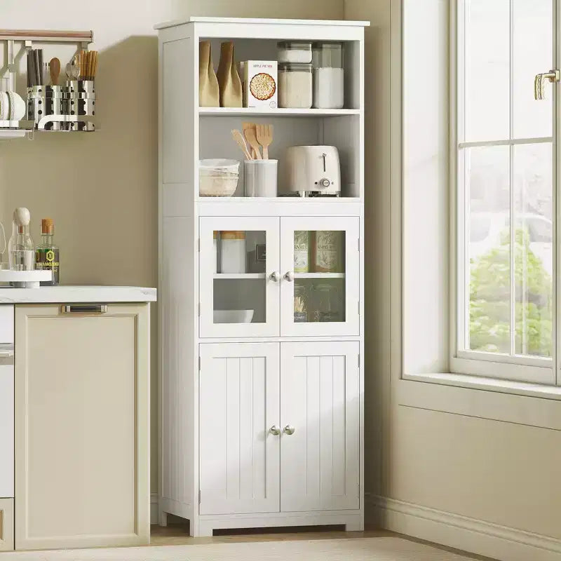 Credenza piccola da 63 pollici con alzata, dispensa da cucina a 4 ante, mobiletto indipendente con ripiano regolabile per sala da pranzo, soggiorno