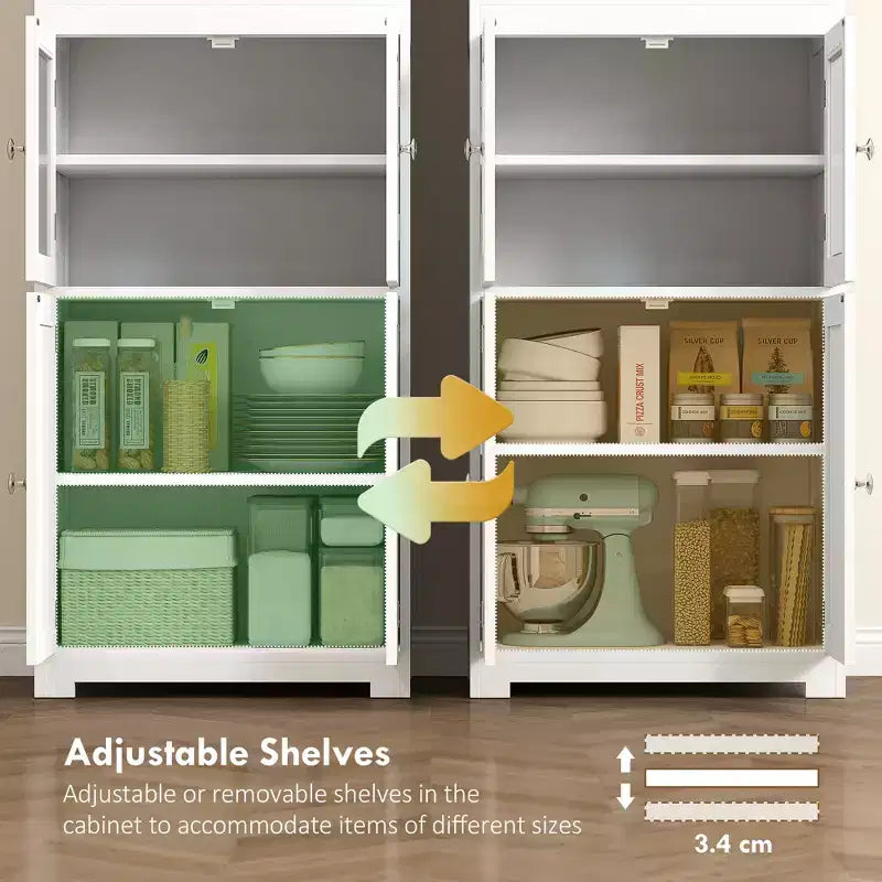 Credenza piccola da 63 pollici con alzata, dispensa da cucina a 4 ante, mobiletto indipendente con ripiano regolabile per sala da pranzo, soggiorno