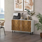 Mobile credenza, Armadietto da cucina a buffet con ripiani regolabili, 4 ante a spina di pesce e gambe in legno di pino