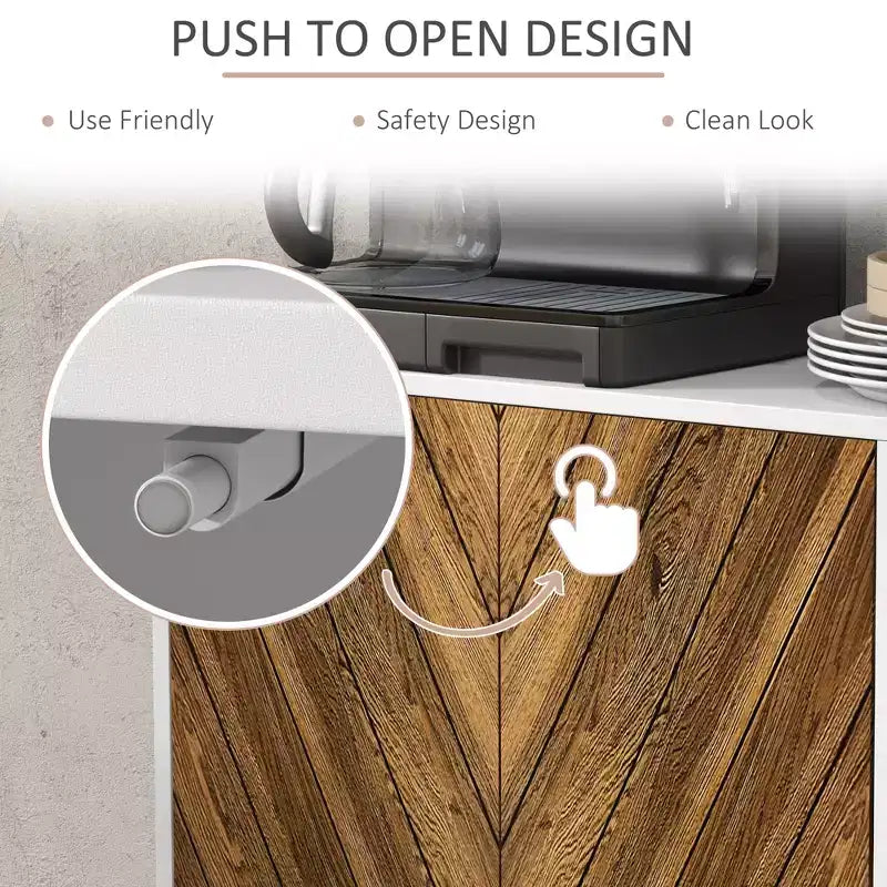 Mobile credenza, Armadietto da cucina a buffet con ripiani regolabili, 4 ante a spina di pesce e gambe in legno di pino