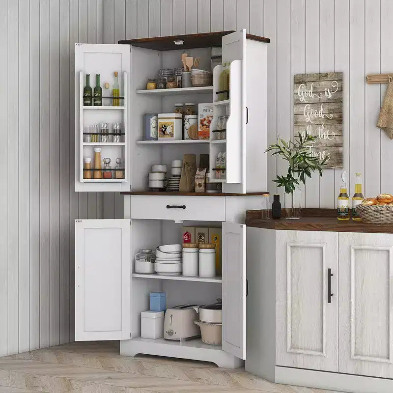 Dispensa alta da cucina da 180 cm, Armadio dispensa stile rustico con ante a grana di legno, 6 ripiani con 2 ante, Cassetto e Ripiani regolabili