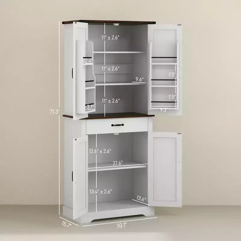 Dispensa alta da cucina da 180 cm, Armadio dispensa stile rustico con ante a grana di legno, 6 ripiani con 2 ante, Cassetto e Ripiani regolabili