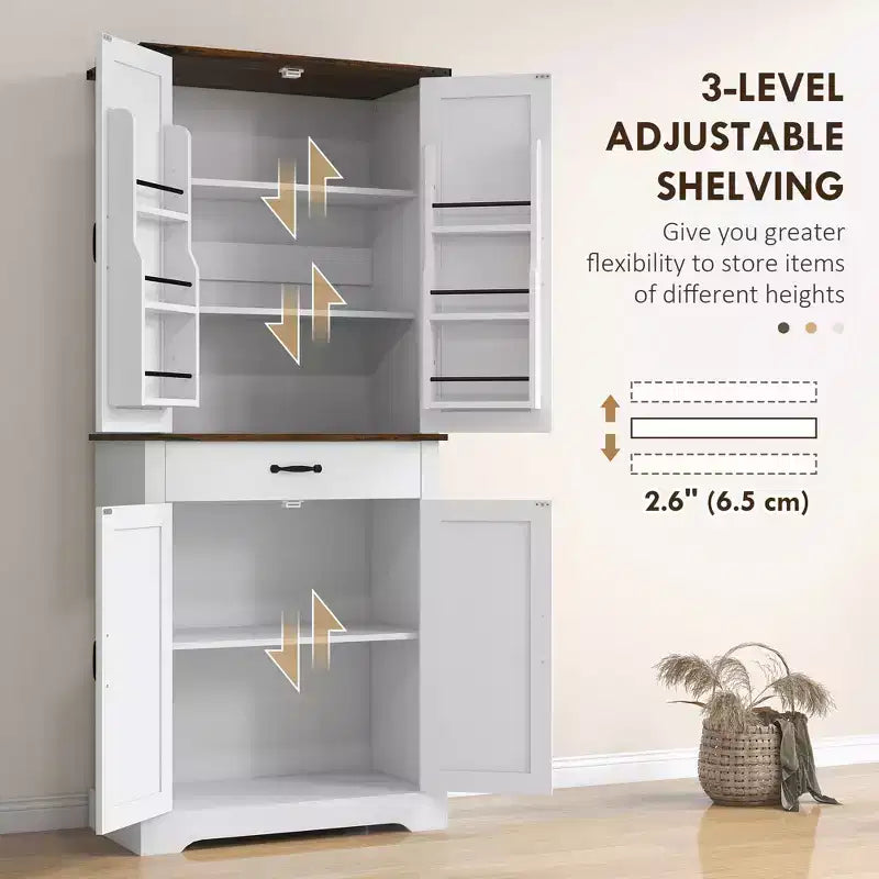 Dispensa alta da cucina da 180 cm, Armadio dispensa stile rustico con ante a grana di legno, 6 ripiani con 2 ante, Cassetto e Ripiani regolabili