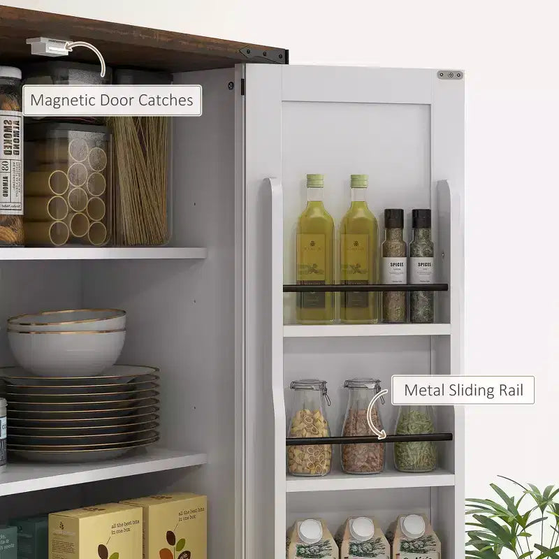 Dispensa alta da cucina da 180 cm, Armadio dispensa stile rustico con ante a grana di legno, 6 ripiani con 2 ante, Cassetto e Ripiani regolabili