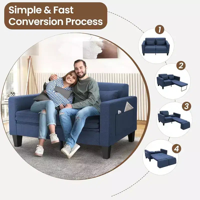 Homdox Divano Letto Trasformabile 6-in-1, Divano a 2 Posti 147cm con Letto Estraibile, Tasche Portaoggetti e 2 Cuscini, Futon Moderno in Lino