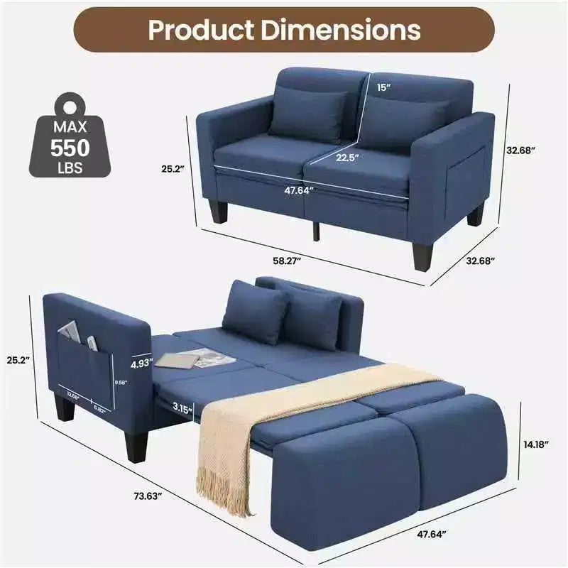 Homdox Divano Letto Trasformabile 6-in-1, Divano a 2 Posti 147cm con Letto Estraibile, Tasche Portaoggetti e 2 Cuscini, Futon Moderno in Lino