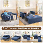 Homdox Divano Letto Trasformabile 6-in-1, Divano a 2 Posti 147cm con Letto Estraibile, Tasche Portaoggetti e 2 Cuscini, Futon Moderno in Lino