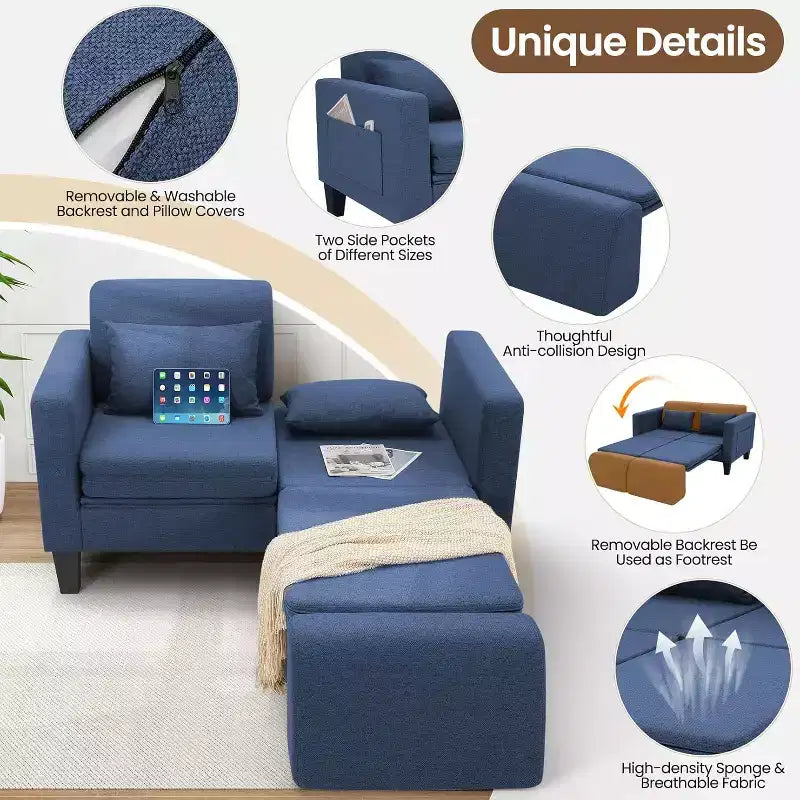 Homdox Divano Letto Trasformabile 6-in-1, Divano a 2 Posti 147cm con Letto Estraibile, Tasche Portaoggetti e 2 Cuscini, Futon Moderno in Lino