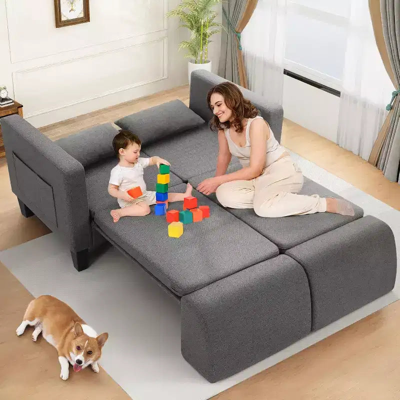 Homdox Divano Letto Trasformabile 6-in-1, Divano a 2 Posti 147cm con Letto Estraibile, Tasche Portaoggetti e 2 Cuscini, Futon Moderno in Lino