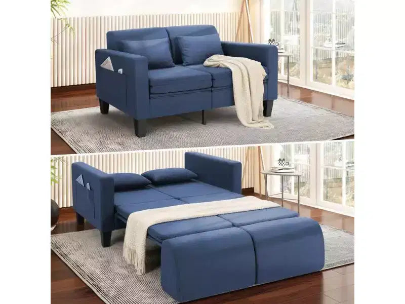 Homdox Divano Letto Trasformabile 6-in-1, Divano a 2 Posti 147cm con Letto Estraibile, Tasche Portaoggetti e 2 Cuscini, Futon Moderno in Lino