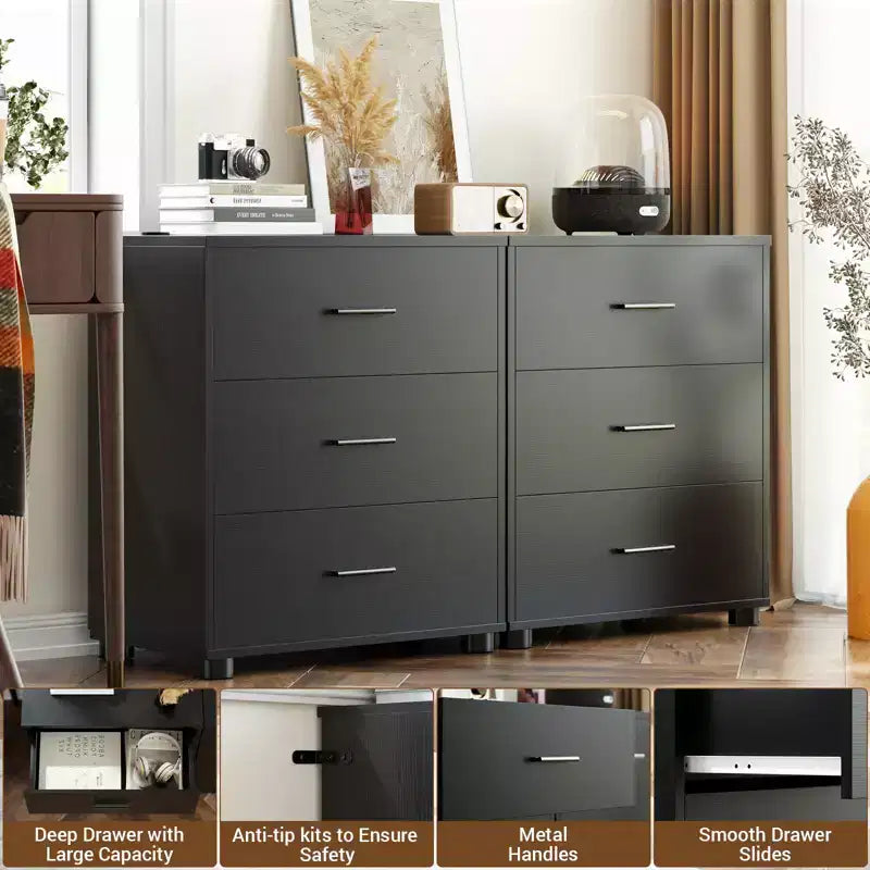 Besiost Set di 2 cassettiere in legno con 3 cassetti, armadietto e comodino