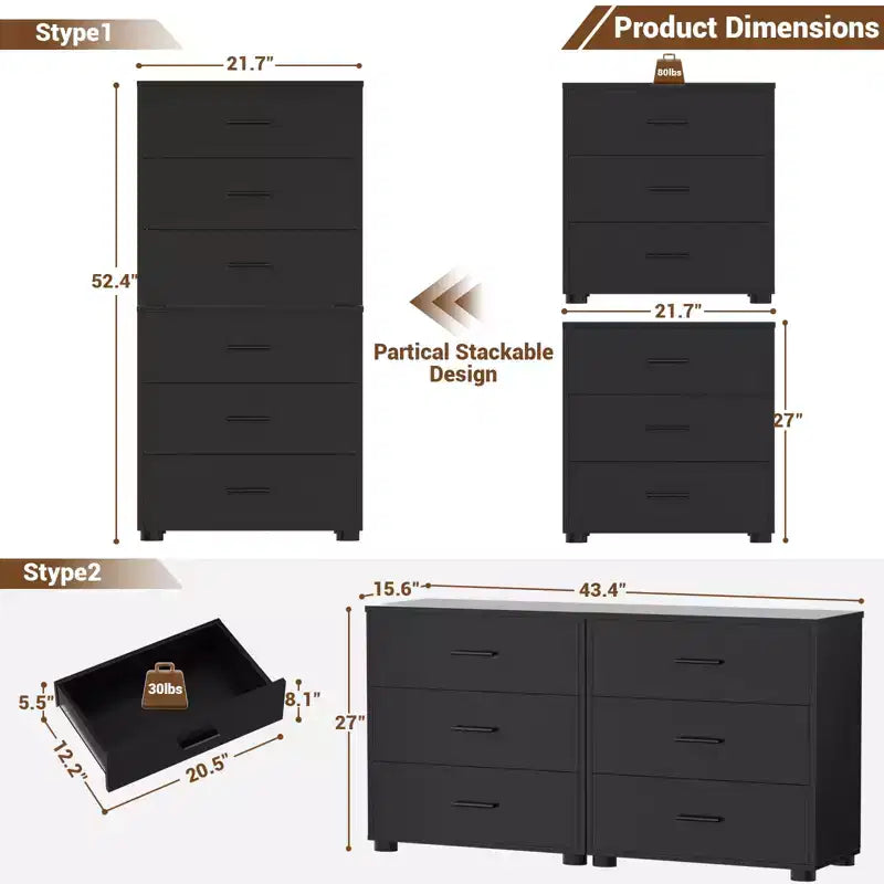 Besiost Set di 2 cassettiere in legno con 3 cassetti, armadietto e comodino