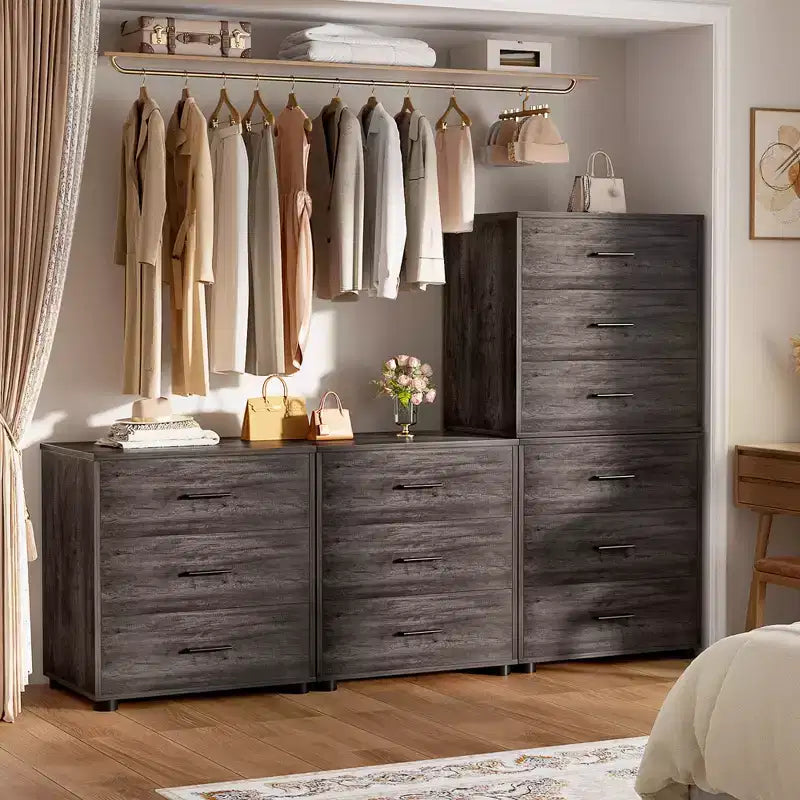 Besiost Set di 2 cassettiere in legno con 3 cassetti, armadietto e comodino